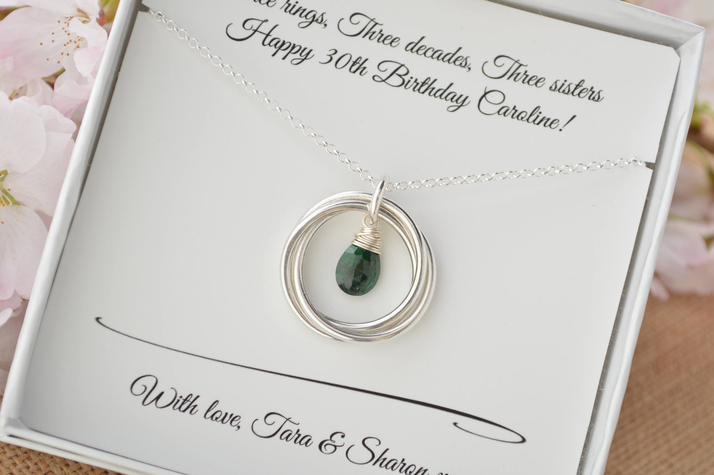 30th Birthday gift for her, 3 Interlocking circles necklace, 3 Sisters necklace, May birthstone necklace, Sister jewelry, Best friend neck