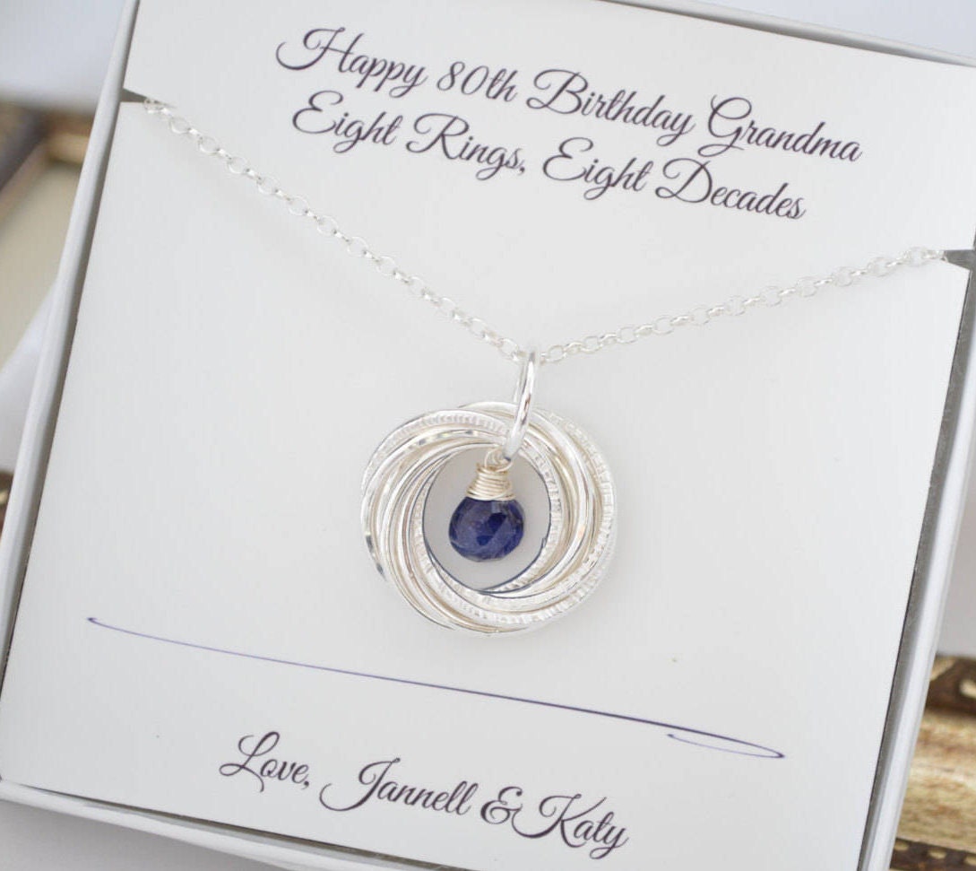 80th Birthday gift for mom, September birthstone necklace, 8 Rings 8 decades necklace, 80th Birthday jewelry for women, Milestone gifts