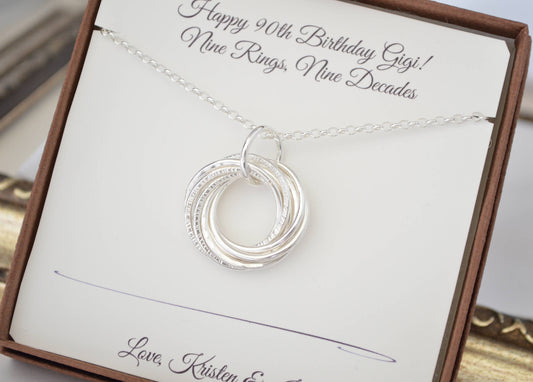 90th Birthday Gift, 90th Birthday gift for Grandma, 9 Rings necklace, 9th Anniversary gift, Gift for Mom, Milestone birthday, 9 decades gift