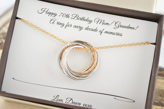 70th Birthday gift for Mom and grandma necklace, 7th Anniversary gift for wife, Mixed metals necklace, 70th Birthday gift for women, 7 Rings