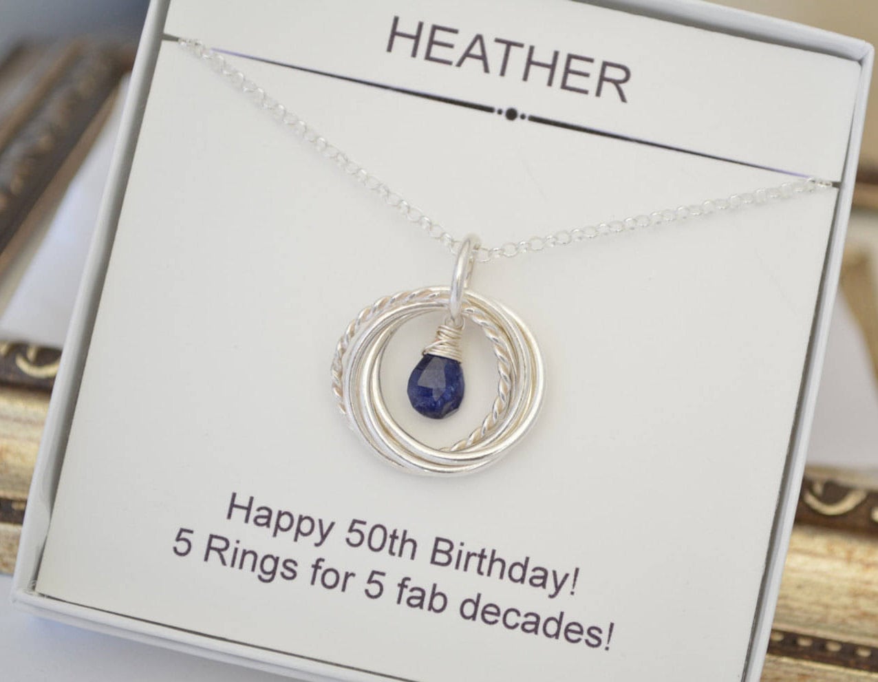 September birthstone jewelry, Blue sapphire necklace, 5 Interlocking rings necklace,Gift for wife,50th Birthday gift for mom,5 best friends