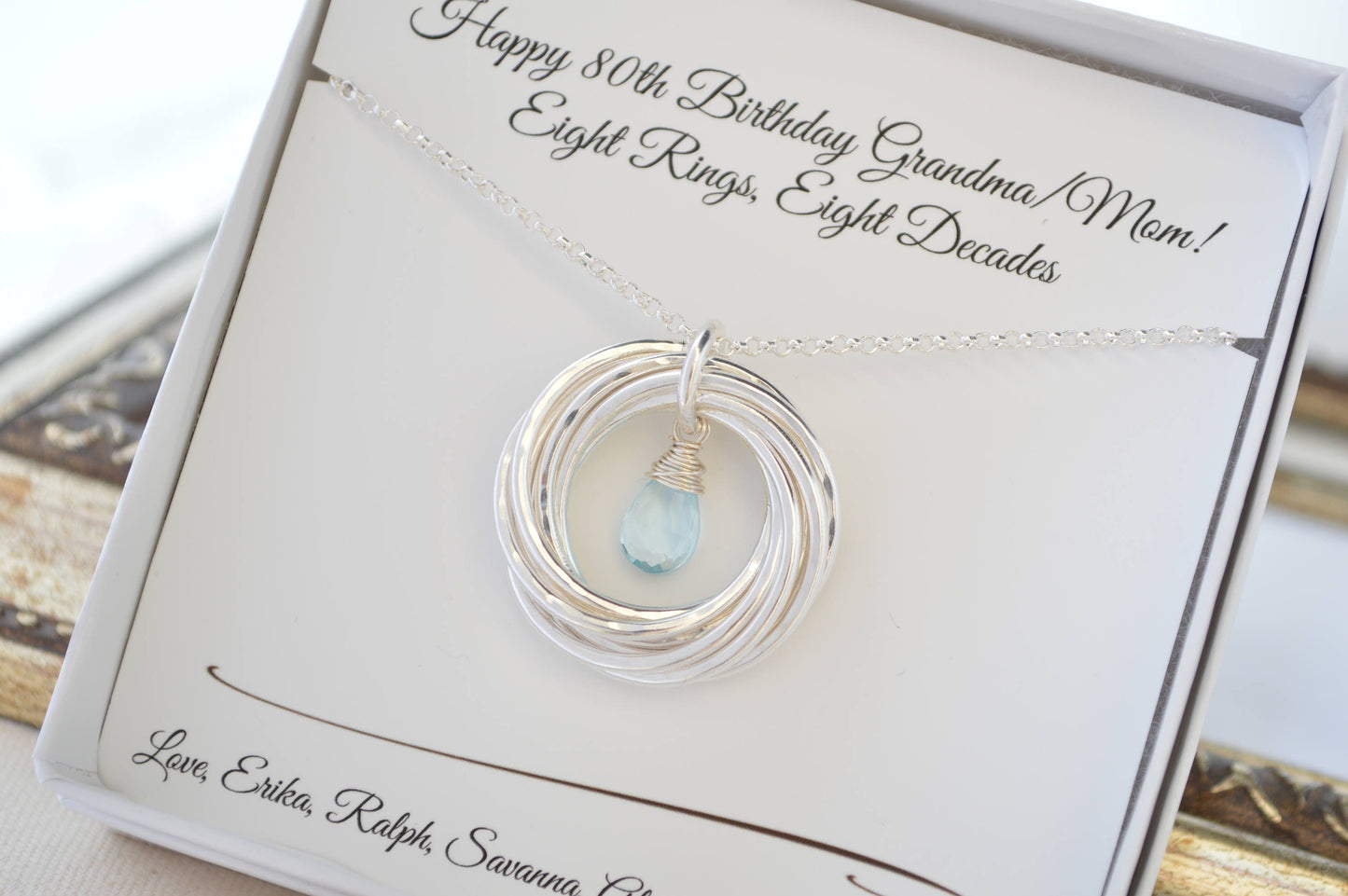 80th Birthday gift for grandma, Blue topaz necklace, 8 Rings for 8 decades necklace, 8th Anniversary gift, 80th Birthday jewelry for mom