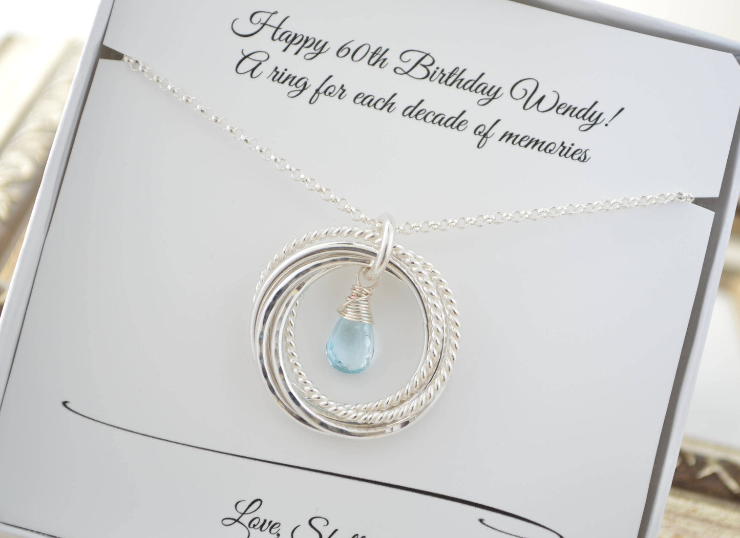 60th Birthday necklace for mom, December birthstone, Blue topaz quartz, 6th Anniversary, 60th Birthday for women,6 Rings 6 decades,milestone