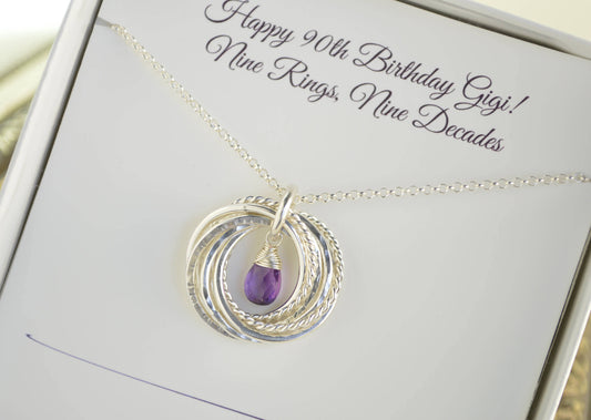 90th Birthday gift for grandma, February birthstone necklace, 9th Anniversary gift, Amethyst necklace, 90th Birthday for mom, 9 Rings Neck