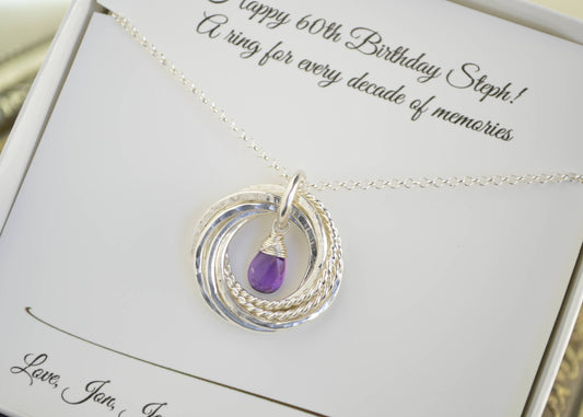 60th Birthday gift for mom, 6th Anniversary gift for wife, Amethyst birthstone necklace, 6 Rings necklace, 60th Birthday jewelry for women