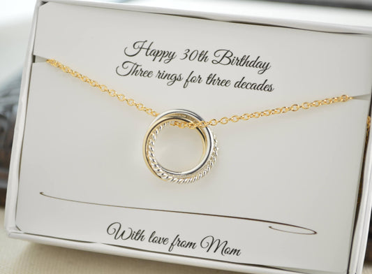 30th Birthday gift for daughter, 30th Birthday jewelry, 3 Rings for 3 decades necklace, 3rd Anniversary gift, 3 Sisters necklace