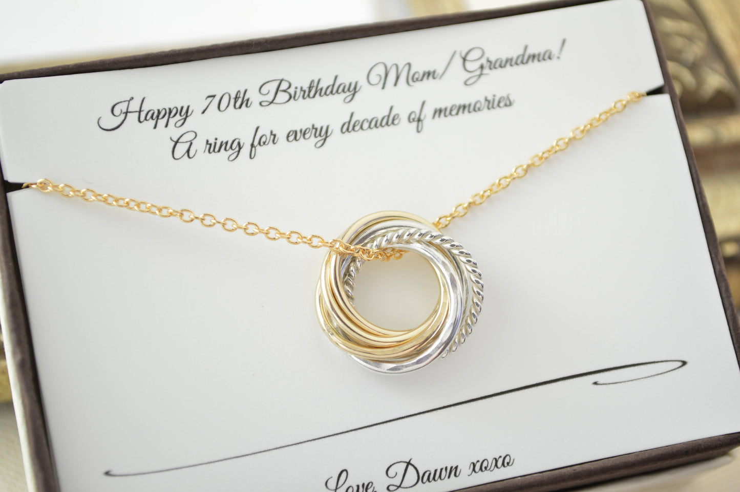 70th Birthday gift for Mom, 70th Necklace, 7 Rings for 7 Decades, Mixed metals necklace, Milestone gift, 70th for women, Birthday gifts