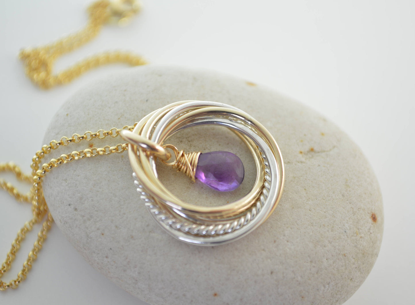 60th Birthday gift for mom, 6 Rings necklace, 6 Mixed metals necklace, 6th anniversary for women, February birthstone necklace, Amethyst