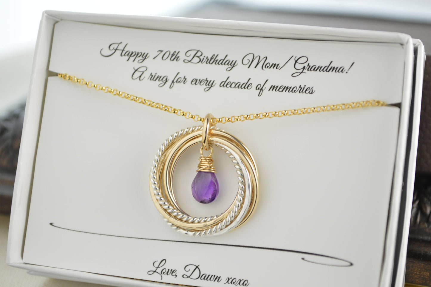 70th Birthday necklace gift for mom and grandma, 7 Rings necklace, February birthstone necklace, 7 Mixed metals necklace, 7th Anniversary