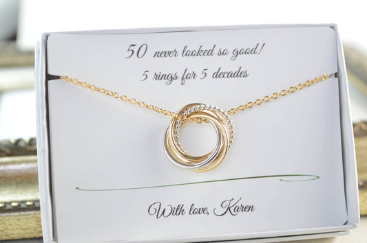 50th Birthday gift for women, Petite necklace, 5th Anniversary for her, Mixed metal necklace, Milestone Jewelry, Birthday Gifts, 5 Rings