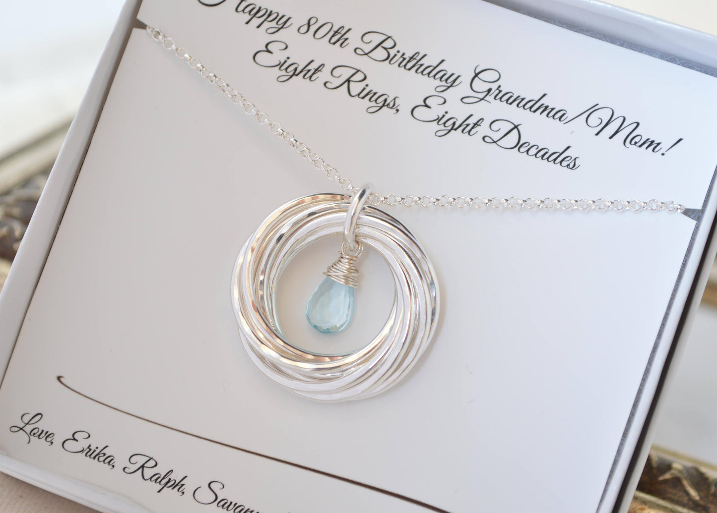 80th Birthday gift for grandma, Blue topaz necklace, 8 Rings for 8 decades necklace, 8th Anniversary gift, 80th Birthday jewelry for mom