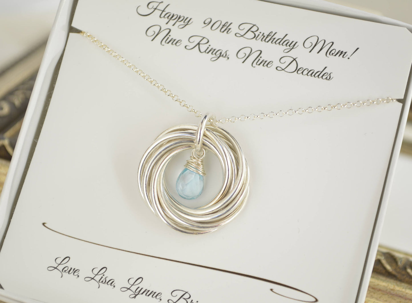 90th Birthday gift for mom, 90th Birthday gift for nana, 9 Rings necklace, 9th Anniversary gift, Jewelry for grandma, Blue topaz necklace