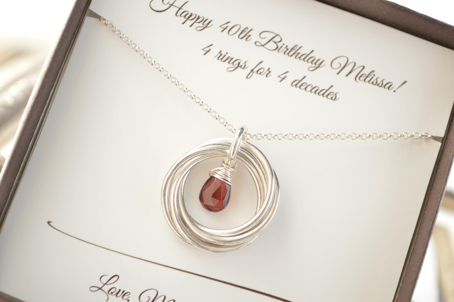 40th Birthday necklace, 40th Birthday jewelry, January Birthstone jewelry, 4th Anniversary gift, 4 Rings 4 Decades jewelry,