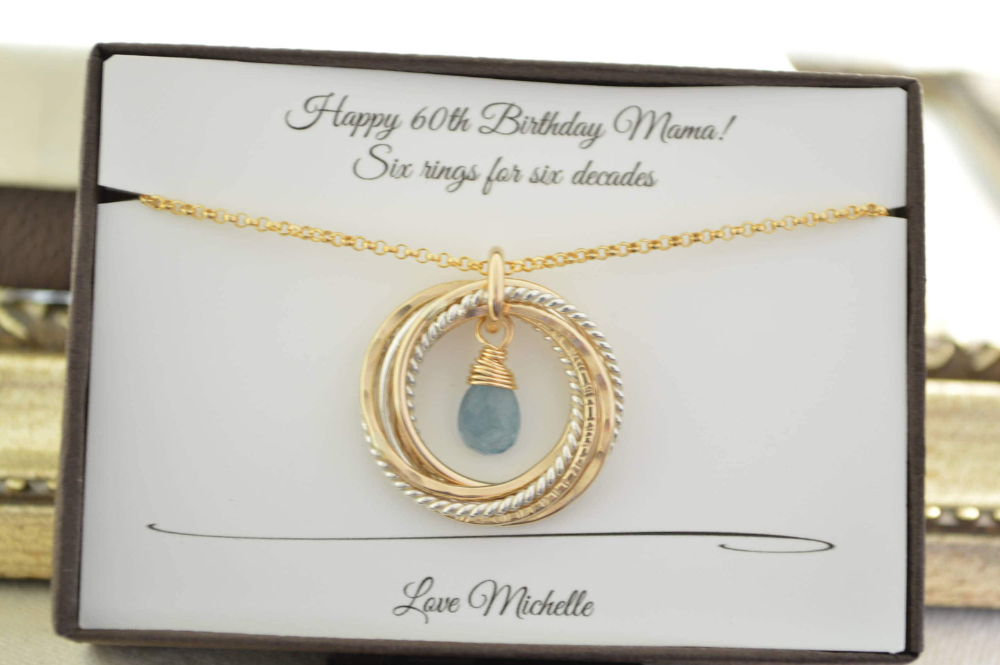 60th Birthday gift for mom, 6 Mixed metals rings, Aquamarine birthstone, 6 Rings necklace, 60th Birthday jewelry for women,6 Decade necklace