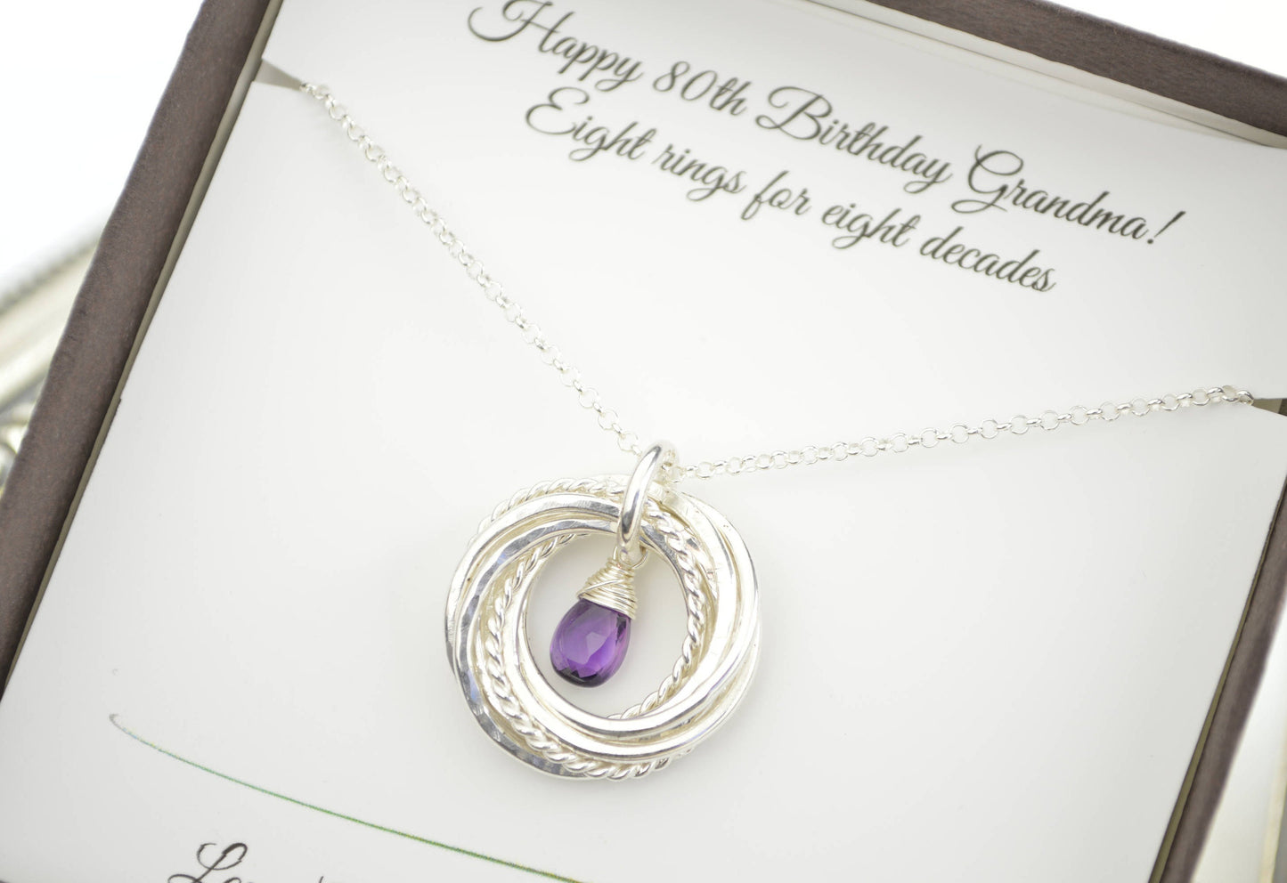 80th Birthday gift for grandma, 8th Anniversary gift for women, February birthstone necklace, Amethyst birthstone jewelry, 8 Rings necklace