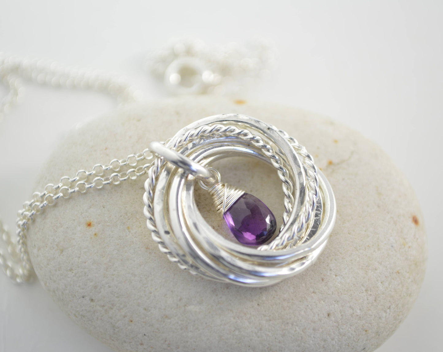 80th Birthday gift for grandma, 8th Anniversary gift for women, February birthstone necklace, Amethyst birthstone jewelry, 8 Rings necklace