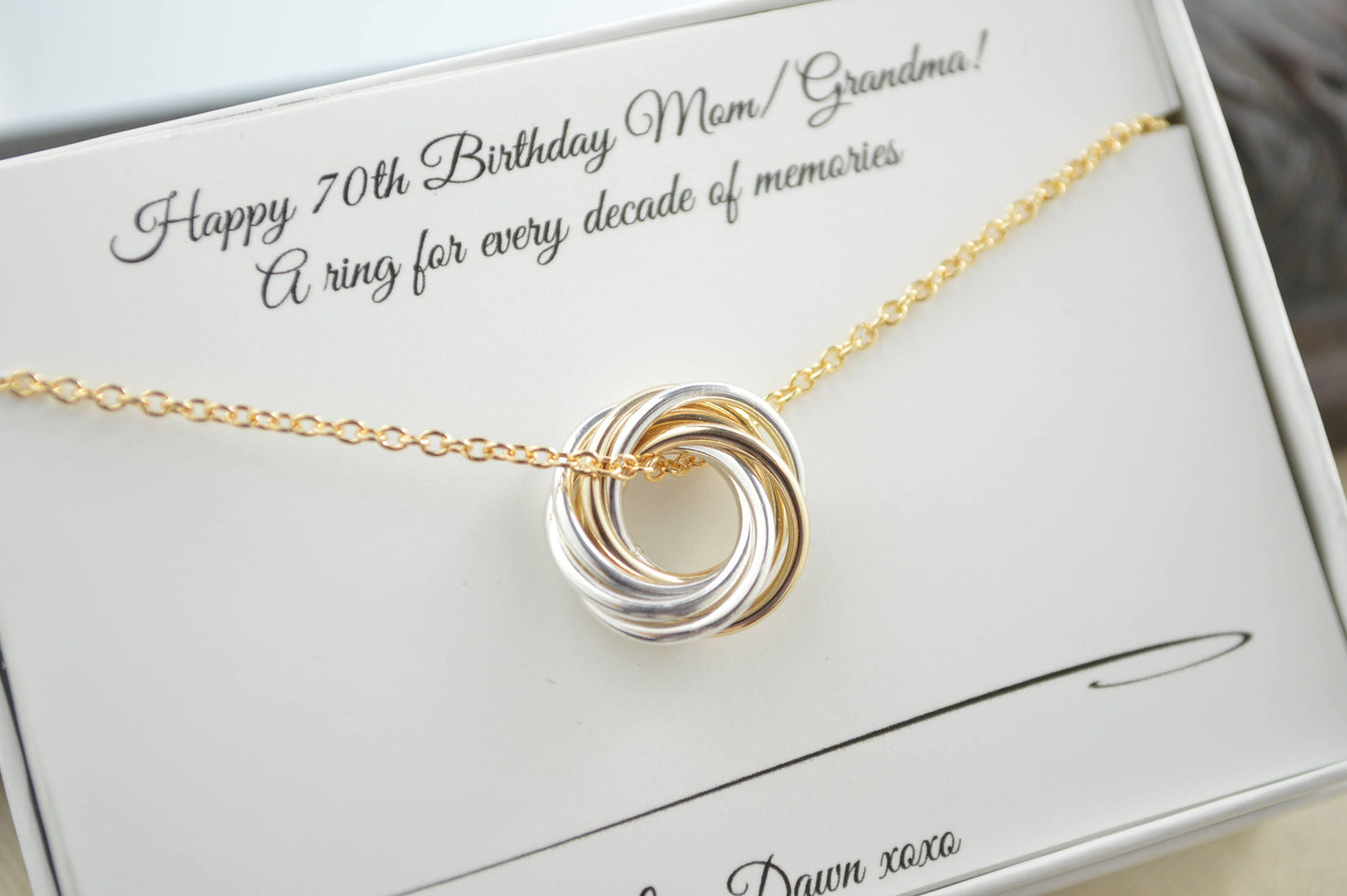 Petite necklace, 70th Birthday gif for mom, 70th Birthday necklace,7th Anniversary gift, 70th Birthday gift for women, 7 Rings for 7 decades