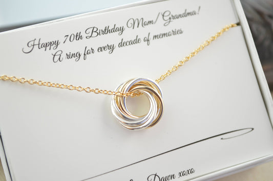 Petite necklace, 70th Birthday gif for mom, 70th Birthday necklace,7th Anniversary gift, 70th Birthday gift for women, 7 Rings for 7 decades