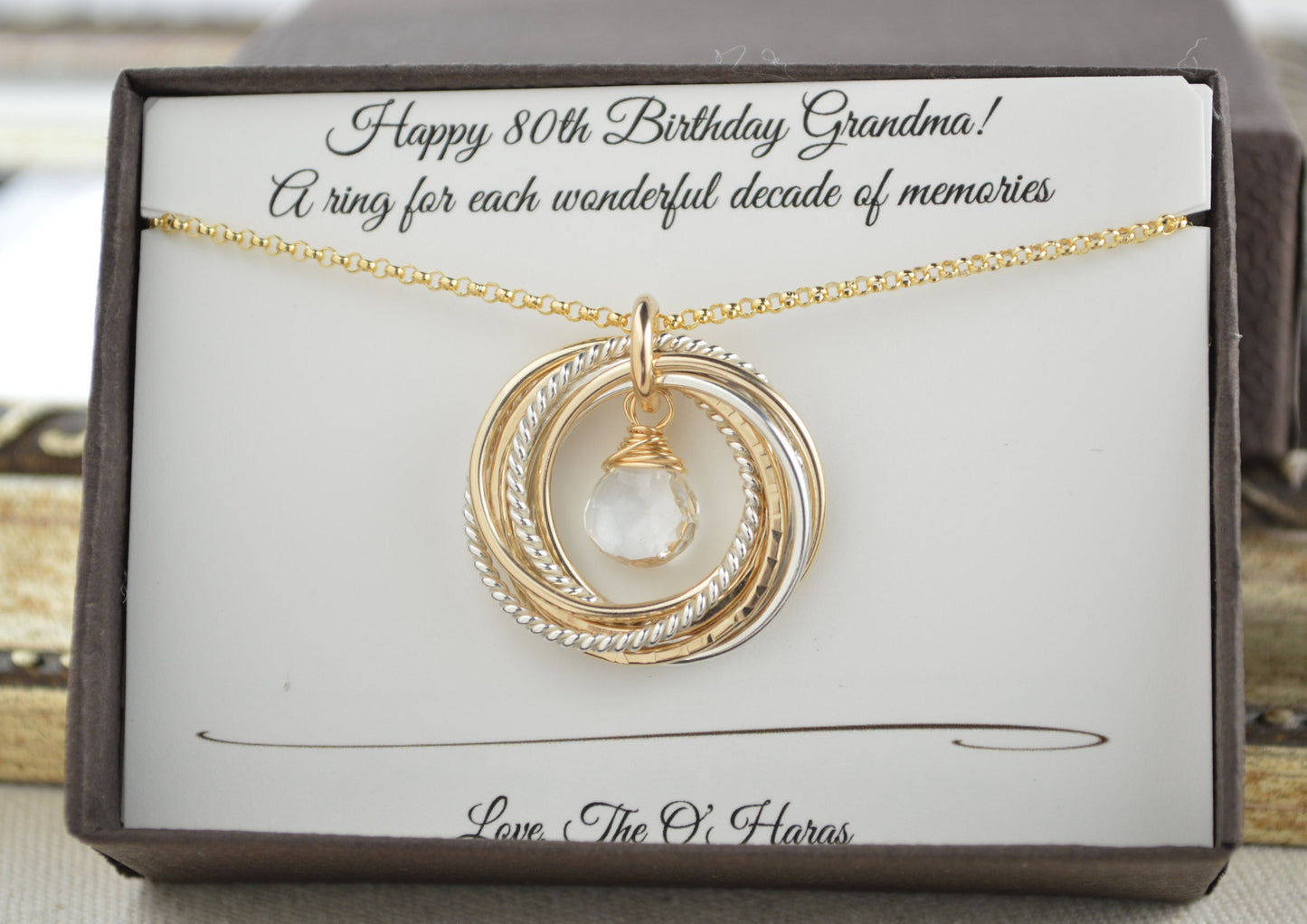 80th Birthday necklace for mom and grandma, April birthstone necklace, 8 Mixed metal rings, 8th Anniversary gift women, Milestone Gift