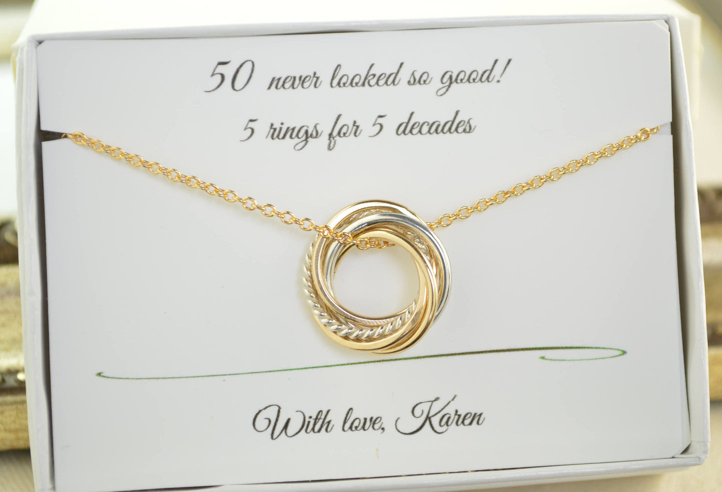 50th Birthday gift for women, Petite necklace, 5th Anniversary for her, Mixed metal necklace, Milestone Jewelry, Birthday Gifts, 5 Rings