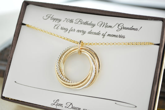 70th Birthday Gift for Mom, 7 Rings Necklace, Mixed Metals Necklace, 7th Anniversary Gift for Her, 70th Birthday Gift for Women