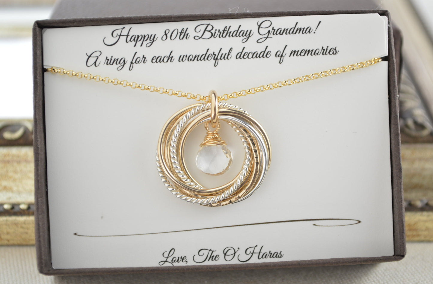 80th Birthday necklace for mom and grandma, April birthstone necklace, 8 Mixed metal rings, 8th Anniversary gift women, Milestone Gift