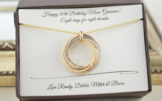 80th Birthday Gift for Mom, 8 Rings Necklace for 8 Decades, 8th Anniversary Gift for Women, 80th Birthday Jewelry, Meaningful Gift for Her