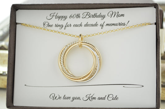 60th Birthday jewelry for women, 6 Mixed metals necklace, 60th Birthday gifts for mom, 6th Anniversary gift for her, 60 Years old, Milestone