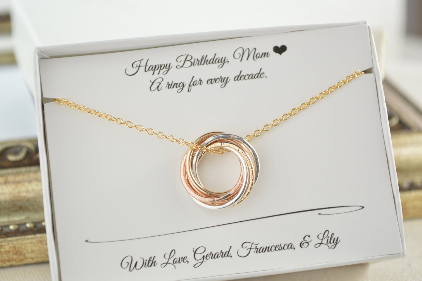 60th Birthday jewelry for mom, Mixed metals necklace, Rose gold necklace, 60th Birthday gift for women, 6 Rings for 6 decades necklace