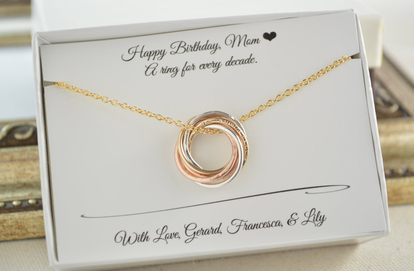 60th Birthday jewelry for mom, Mixed metals necklace, Rose gold necklace, 60th Birthday gift for women, 6 Rings for 6 decades necklace