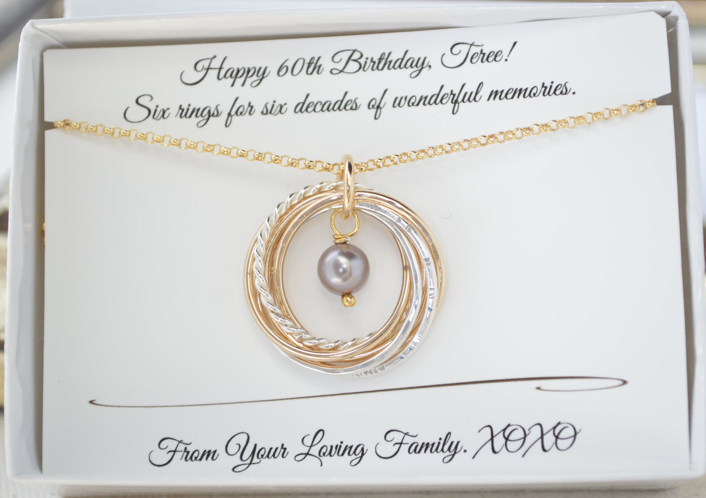 60th Birthday jewelry for mom, Gold pearl necklace, 60th Birthday gift for women, 6 Mixed metal rings, 6th Anniversary gift, 6 Decade gift