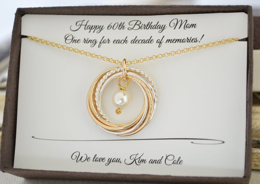 60th Birthday jewelry for mom, Gold pearl necklace, 60th Birthday gift for women, 6 Mixed metal rings, 6th Anniversary gift, 6 Decade gift