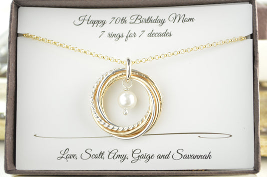 70th Birthday gift for mom, 7 Anniversary gift, 7  Mixed metal necklace, June Birthstone necklace, Gold pearl necklace, Birthstone necklace