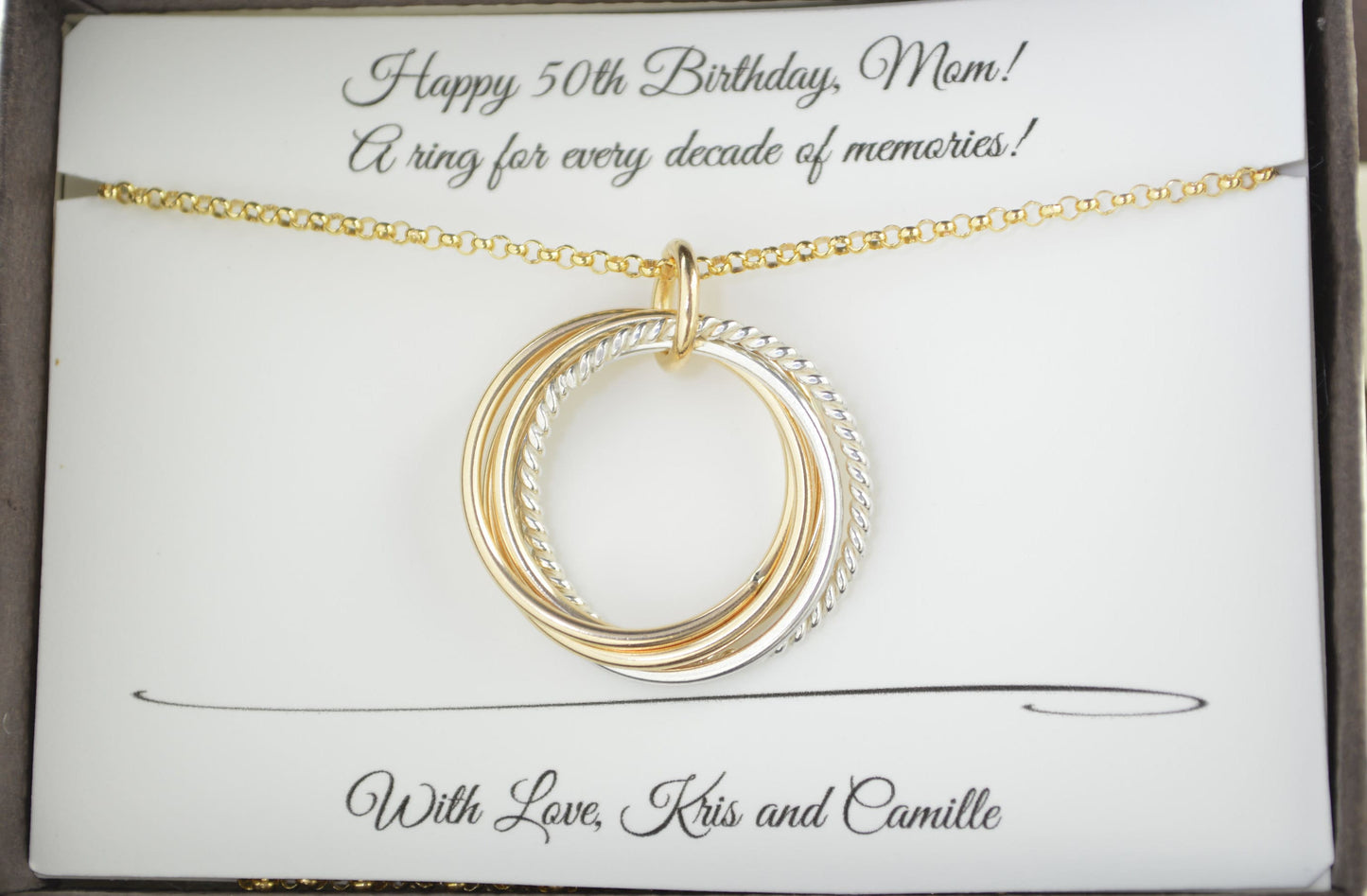 50th Birthday gift for women, 5th Anniversary gift, 50th Birthday gift for mom, 50 Birthday jewelry for her, 5 Rings for 5 decades gift