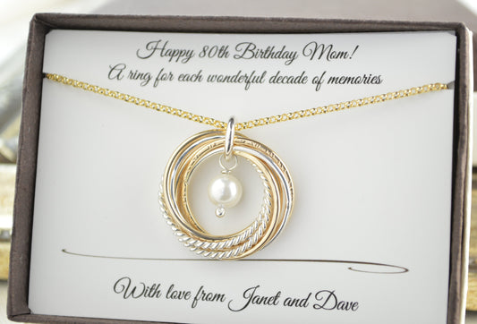 80th Birthday Gift for Women, 8 Rings Gold Necklace, June Birthstone Jewelry, 8th Anniversary Gift for Her, Elegant Gifts for Mom