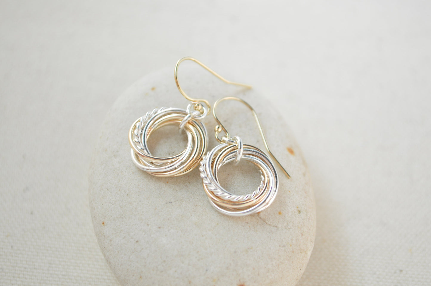 70th Birthday Gift for Mom, 7 Rings Mixed Metal Earrings, 70th Birthday Jewelry for Women, Small Interlocking Earrings, Anniversary Gift