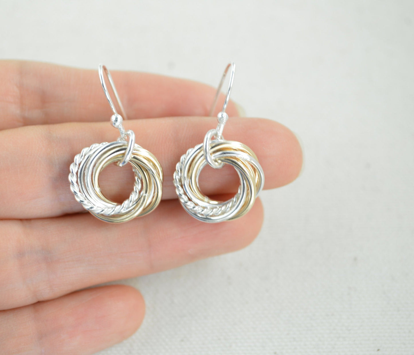 70th Birthday Gift for Mom, 7 Rings Mixed Metal Earrings, 70th Birthday Jewelry for Women, Small Interlocking Earrings, Anniversary Gift