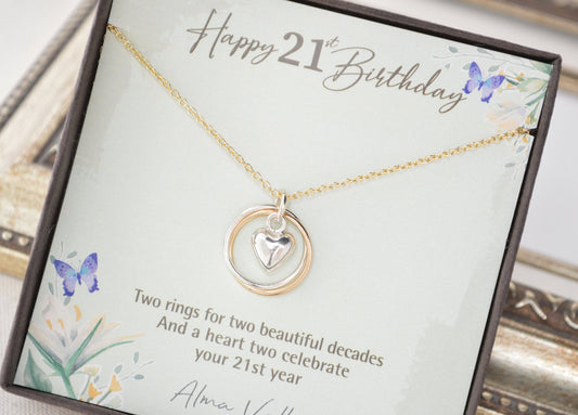 21st Birthday gift for daughter, 21 Years old necklace, 2 Rings necklace, Mixed metals rings, Petite necklace, 21st Birthday jewelry