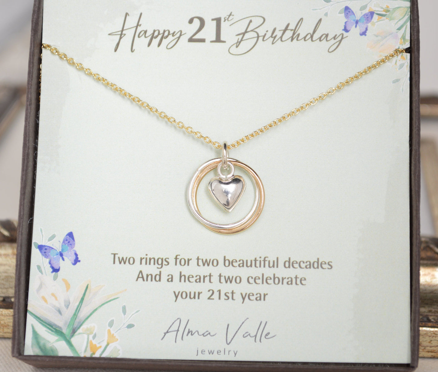 21st Birthday gift for daughter, 21 Years old necklace, 2 Rings necklace, Mixed metals rings, Petite necklace, 21st Birthday jewelry