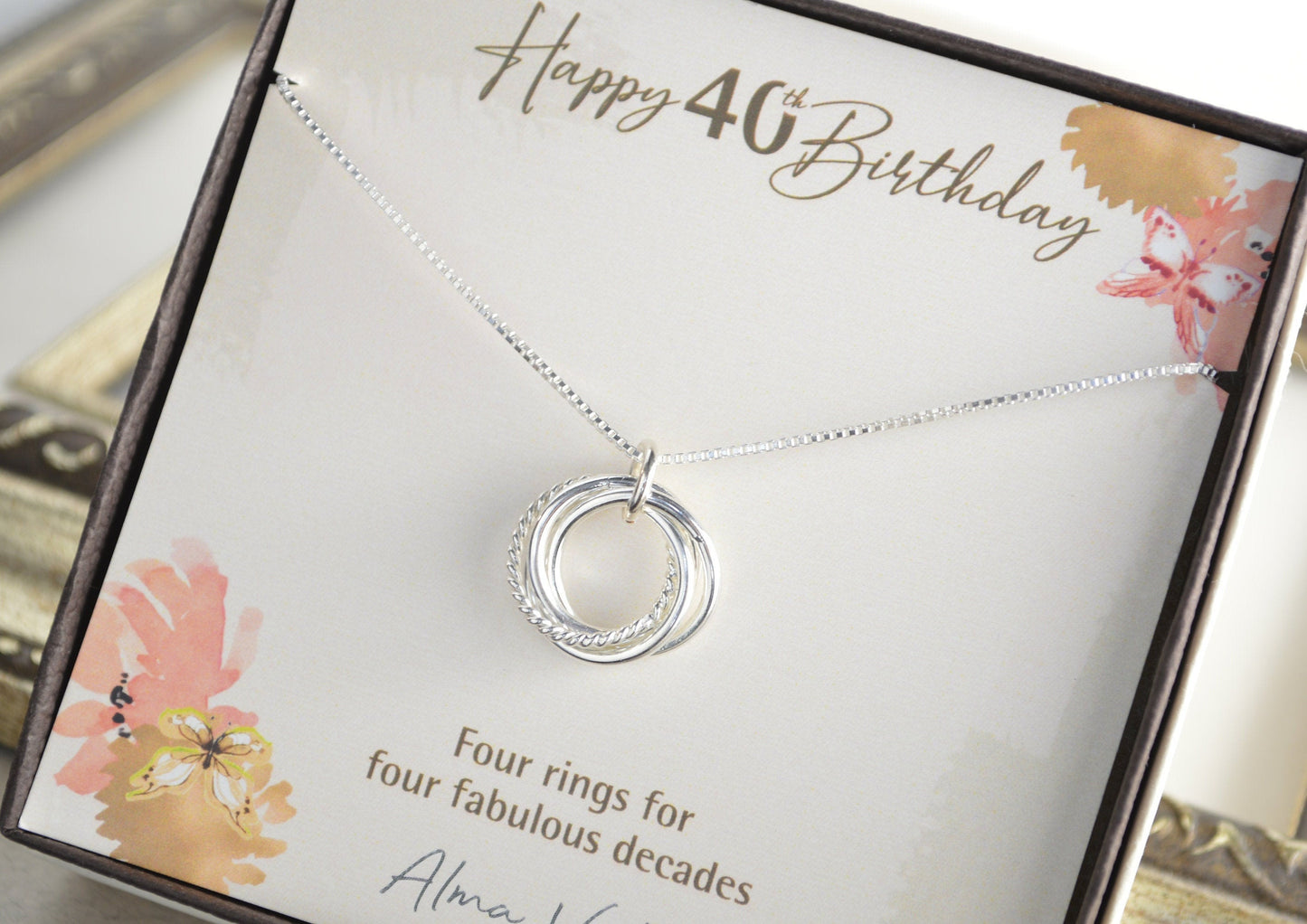 40th Birthday gifts, 40th Birthday gift for daughter, 4 Rings for 4 decades necklace, 40th Birthday jewelry, Milestone gift, 4 Decade neck