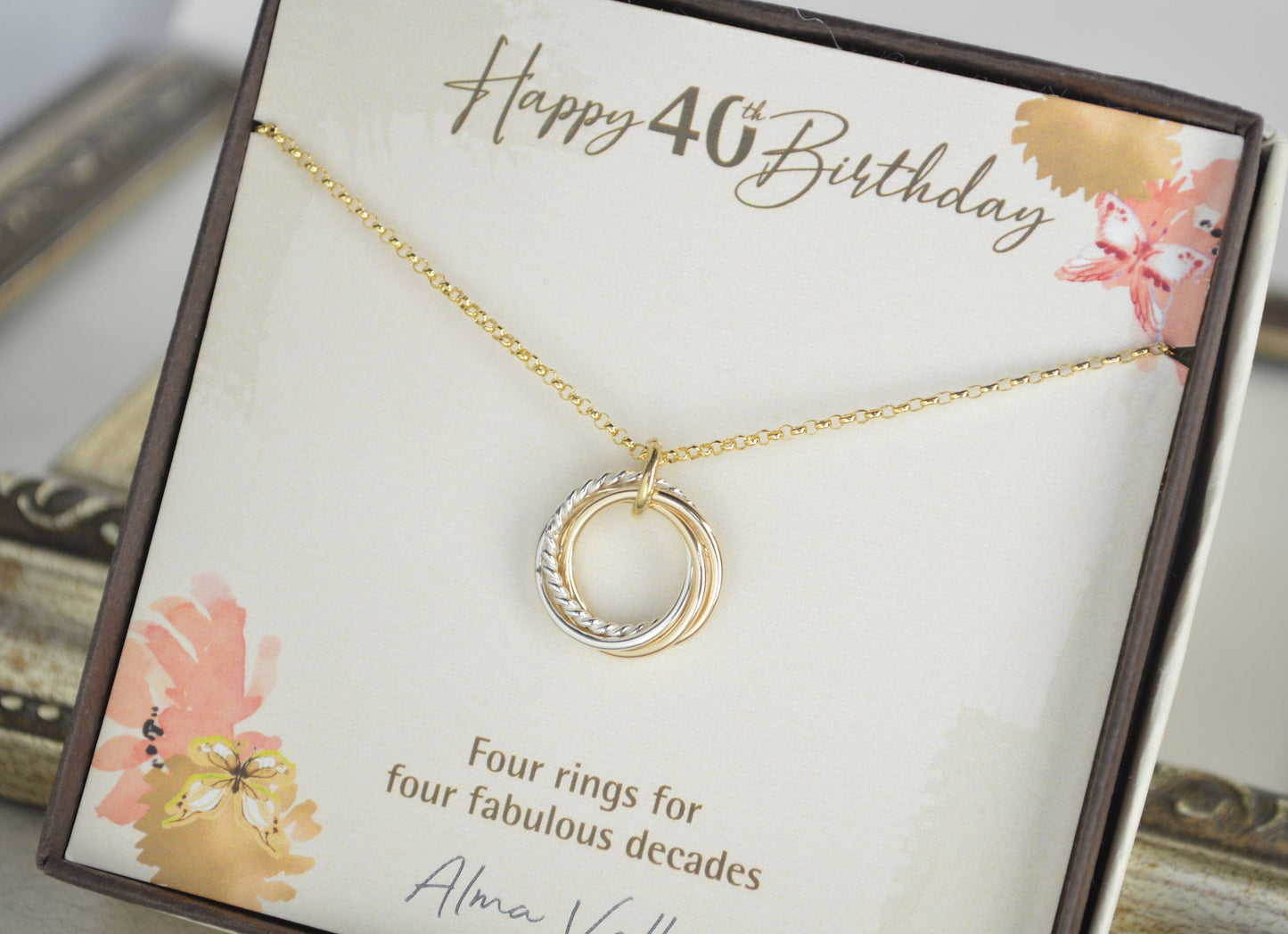 40th Birthday Gifts for Women, 40th Birthday Gifts for Her, Small Gold Necklace, 4 Rings for 4 Decades Necklace, Birthday Jewelry for Women