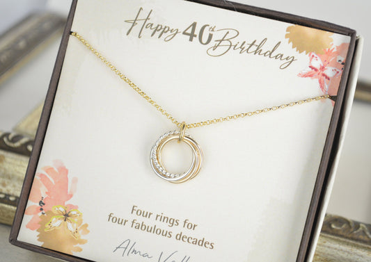 40th Birthday Gifts for Women, 40th Birthday Gifts for Her, Small Gold Necklace, 4 Rings for 4 Decades Necklace, Birthday Jewelry for Women