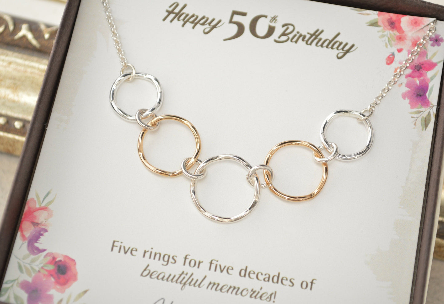 50th Birthday gift for women, Mixed metal rings, 50th Birthday jewelry, 5 Rings necklace, 5 Decade jewelry, 50 Years old, 5 Decade jewelry