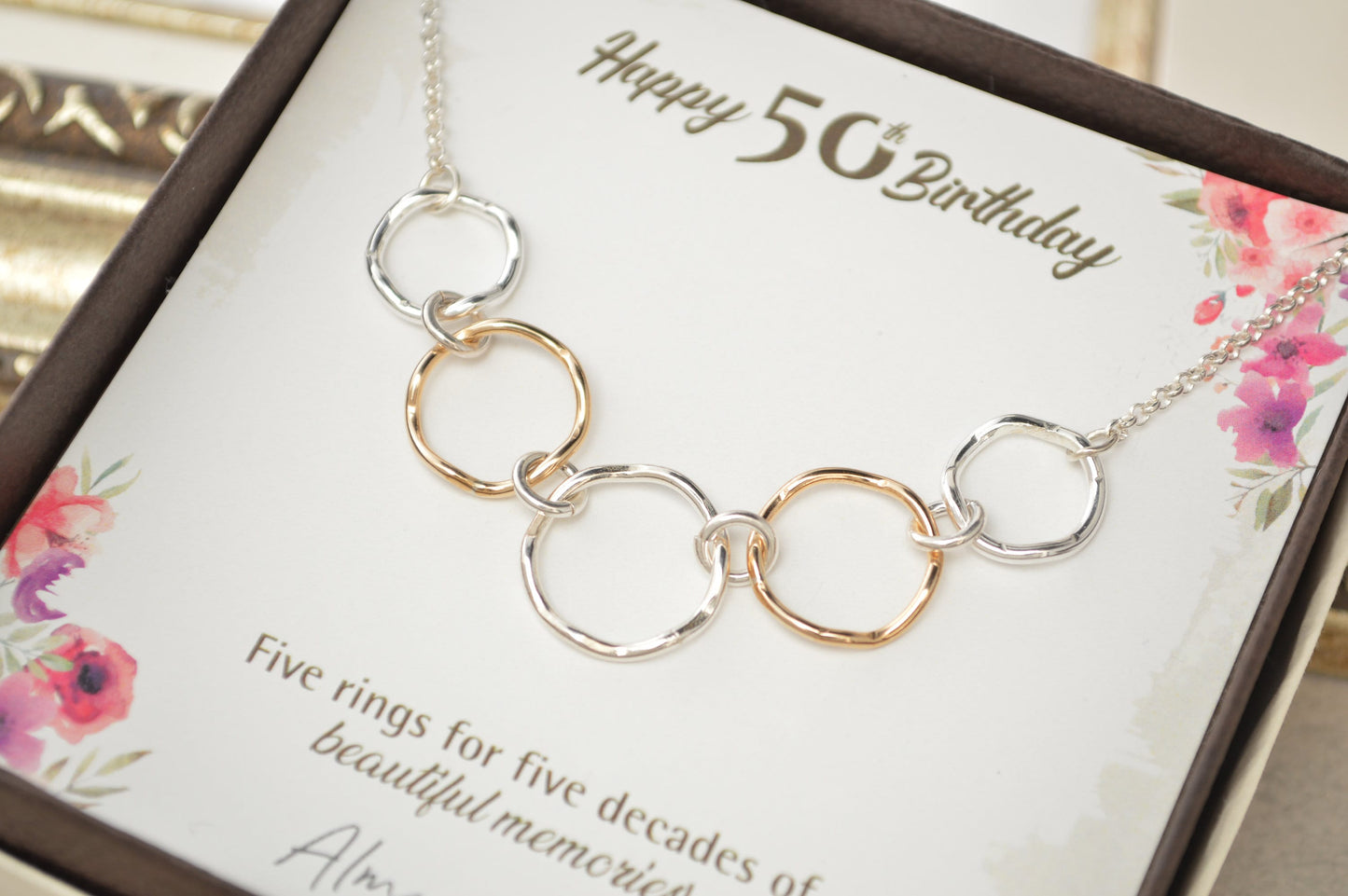 50th Birthday gift for women, Mixed metal rings, 50th Birthday jewelry, 5 Rings necklace, 5 Decade jewelry, 50 Years old, 5 Decade jewelry