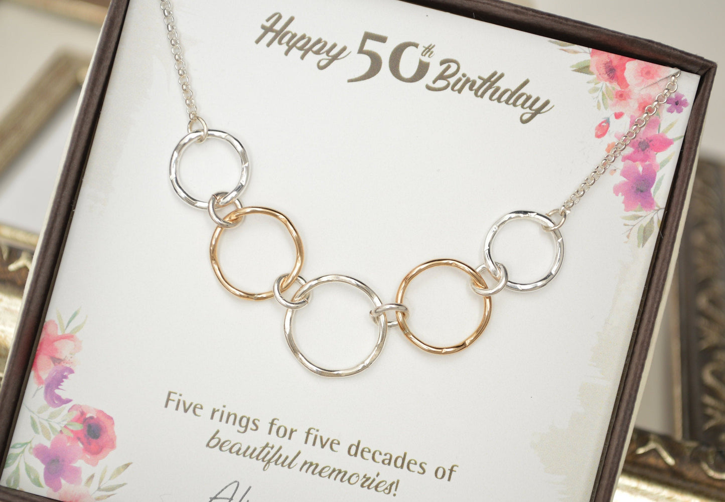 50th Birthday gift for women, Mixed metal rings, 50th Birthday jewelry, 5 Rings necklace, 5 Decade jewelry, 50 Years old, 5 Decade jewelry