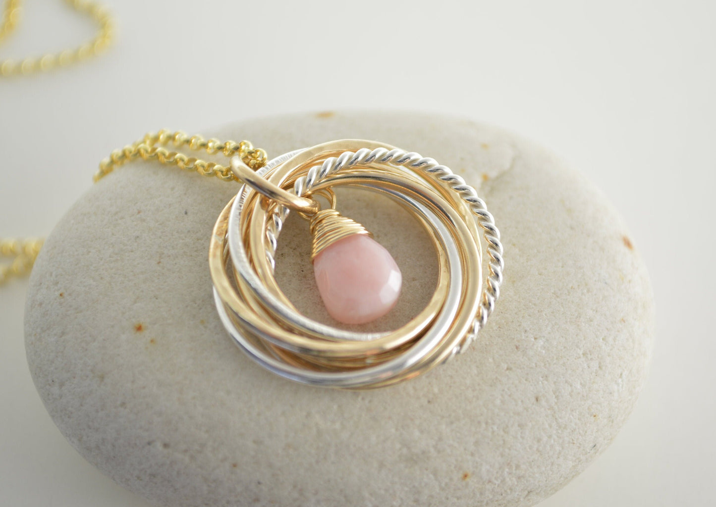 50th Birthday jewelry for women, 5 Decades necklace, 50th Birthday necklace, 50th Birthday gifts for mom, 5 Rings necklace, Pink opal neck