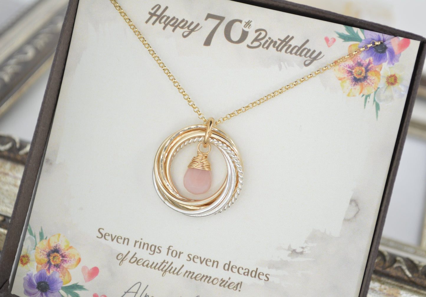 70 Birthday jewelry for mom, Birthstone jewelry, Mixed metal necklace, 70 Decades necklace, 7 Rings  for 7 decades gift, 70th Birthday gift