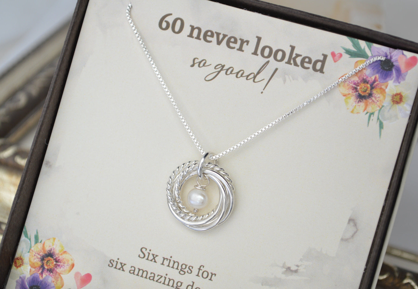 60th Birthday jewelry for women, 6 Decades necklace, 6 Rings for 6 decades, 60th Birthday gift for mom, Dainty necklace, Pearl necklace