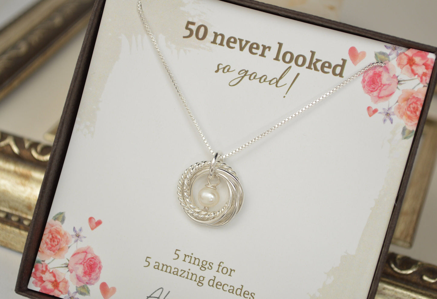 50th Birthday jewelry for women, 5 Rings necklace, 50th Birthday gifts for women, 5 Decade necklace, Milestone gift, Birthstone necklace