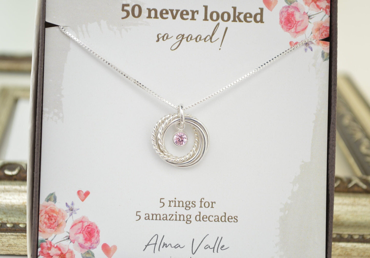 50th Birthday Necklace, 5 Rings Necklace, Milestone Birthday Gift, Birthstone Necklace, 50th Birthday Gifts for Women, Sterling Silver